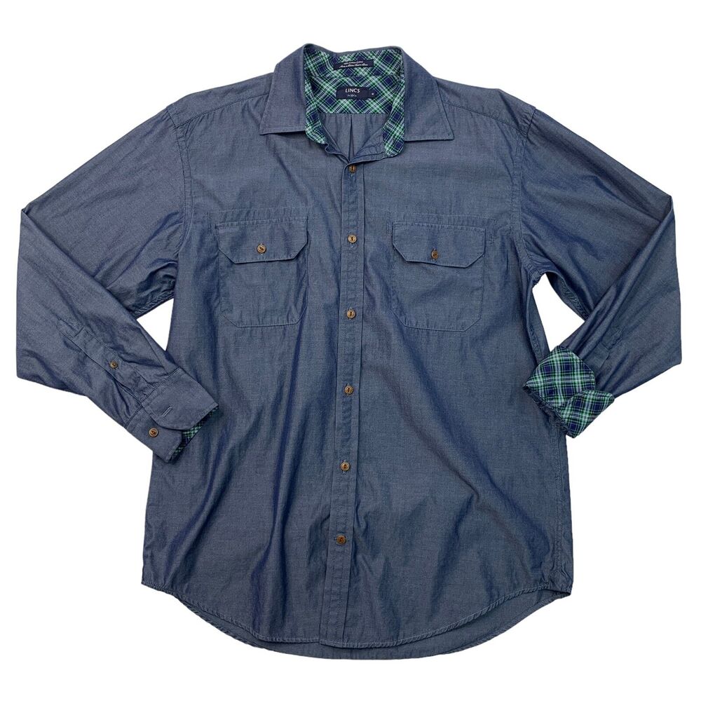 Lincs Shirt Mens M Medium Windsor Blue Cotton Long Sleeve Pocket Button Up